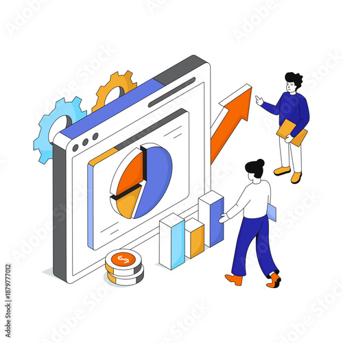 Conceptual isometric design illustration of business data management 