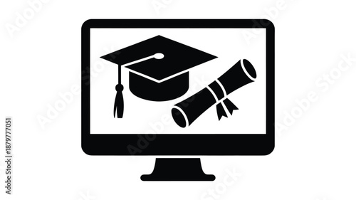 Online learning and digital graduation concept with monitor displaying cap and diploma Vector