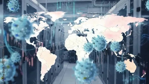 Digital animation shows global finance data processing with virus cells over data processing