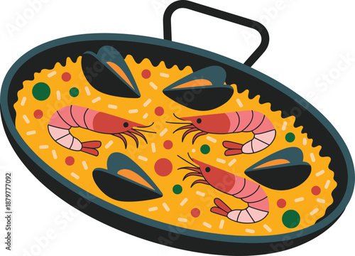 Seafood paella illustration with shrimp and mussels in black pan, Spanish cuisine vector food art for menu design restaurant branding