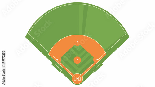 Overhead view of a green baseball field with orange markings on a white background.