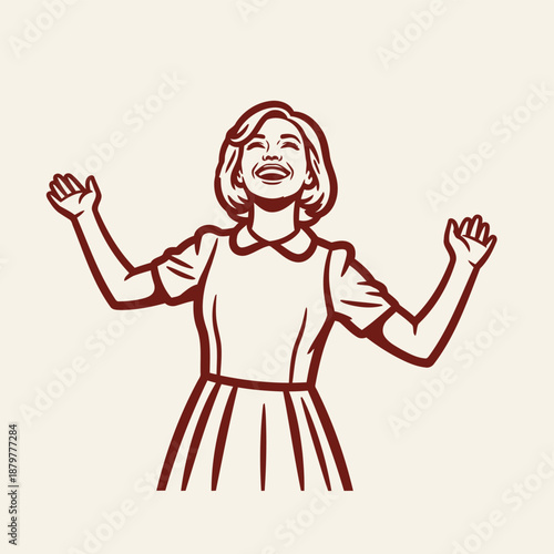 A joyful woman with her arms raised in celebration and excitement on a plain background