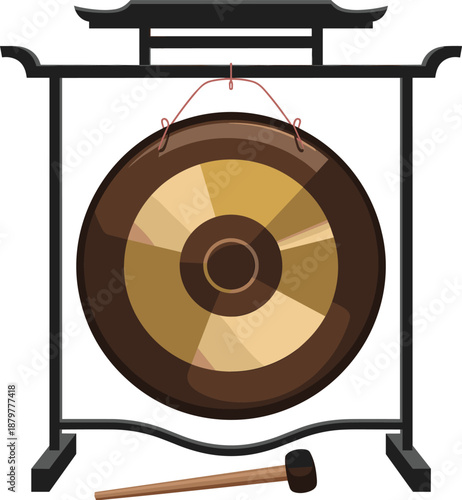 Traditional Asian gong, ceremonial percussion instrument, wooden mallet, temple decor, cultural music symbol, meditation sound tool, isolated vector illustration