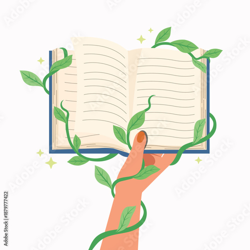 Hand holding a book with tree and leaf. Banner of Education and knowledge vector concept.
