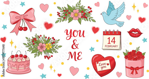 Valentine, love, romantic, illustration, hearts, flowers, gifts, calendar, February, couple, wedding, anniversary, greeting, card, design, cute, colorful, stickers, celebration, romance