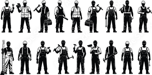 Construction Worker Silhouette Vector Collection, Industrial Builder and Handyman Icons, Professional Laborer Set with Tools for Engineering Maintenance and Repair Service Design, 18 Elements.