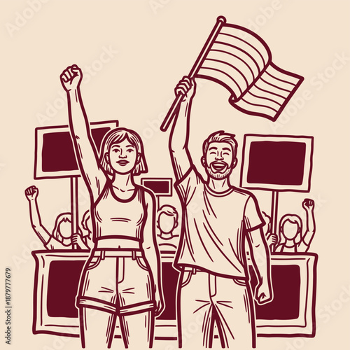 A group of people protesting and demonstrating with signs and a flag in a peaceful yet powerful scene