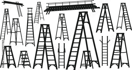 Ladder Silhouette Vector Collection, Step Ladder and Extension Ladder Set, Construction Tool Icons, Industrial Equipment Silhouettes for Repair and Maintenance Design, 16 Professional Elements.