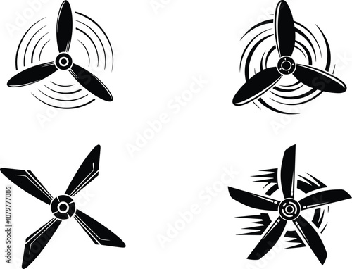 Propeller Silhouette Vector Collection, Rotating Fan Blade Icons, Airplane and Marine Engine Parts, Industrial Ventilation and Propulsion System Elements for Engineering Design