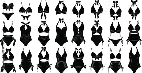 Swimwear Silhouette Vector Collection, Women Bikini and One Piece Swimsuit Icons, Beach Fashion Set for Summer Vacation Design, Female Apparel Elements,