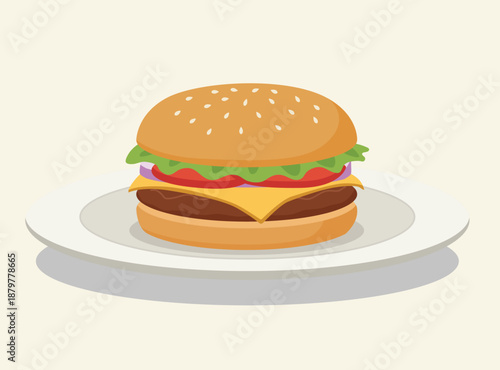 classic beef hamburger with cheese, lettuce, tomato, and onion on a sesame bun. Served on a white plate