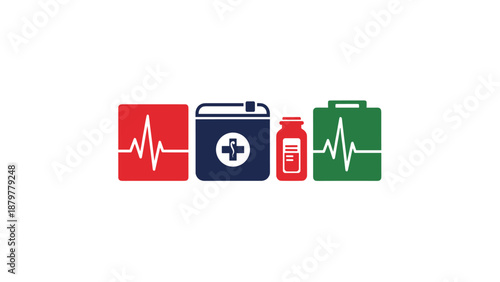 Healthcare and First Aid Icon Set with Heartbeat and Medicine Symbols