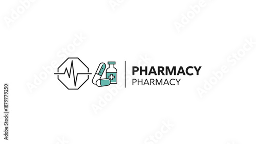 Modern Pharmacy Logo with Heartbeat Pulse and Medicine Icons