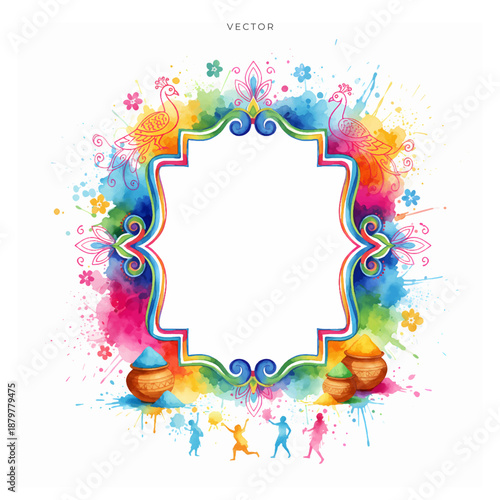 Colorful festive holi frame with water color splash, greeting card, background.
