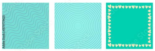 Cyan Valentines day geometric background collection. Valentines day turquoise poster, social media post layout, quiz backdrop, square banner design template set. Vector wedding background