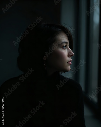 A thoughtful woman gazing out of a window, bathed in soft, natural light. The portrait highlights her profile, evoking a sense of contemplation and peace.