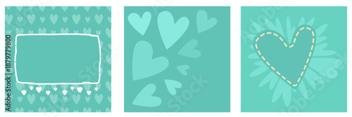 Cyan Valentines day geometric background collection. Valentines day turquoise poster, social media post layout, quiz backdrop, square banner design template set. Vector wedding background