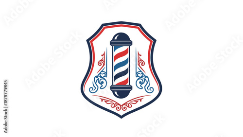Vintage Barbershop Emblem Logo with Classic Barber Pole and Decorative Shield