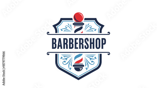 Vintage Barbershop Logo with Classic Barber Pole and Decorative Shield