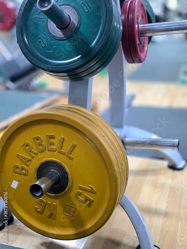 Close-up of colorful weight plates on a storage rack in a gym.