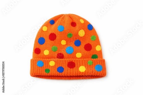 Orange winter knit beanie with colorful polka dot pattern