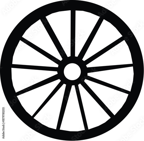 Wagon wheel vector silhouette. Carriage wheel icon symbol.
