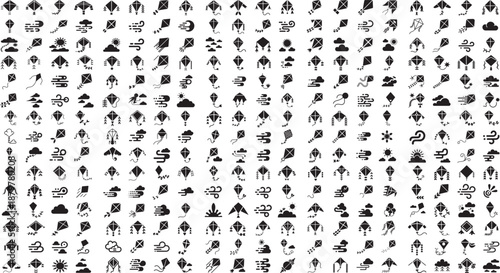 collection of various kite flying icons and symbols on white background