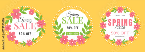 Spring sale stickers set with pink flowers and green leaves on sunny yellow background.