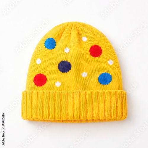 Yellow polka dot knit beanie winter hat with soft warm fabric