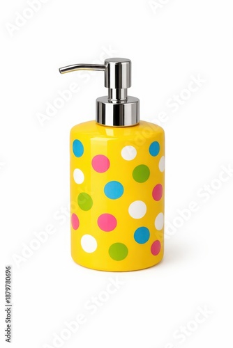 Yellow polka dot soap dispenser bottle for bathroom sink decor
