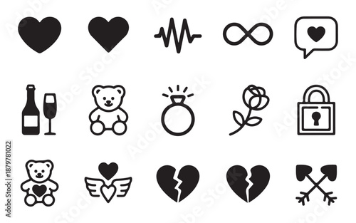 Collection of fifteen heart related love symbols including teddy bear ring rose and broken shape icons