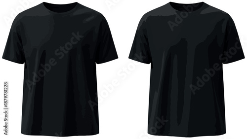 Two black short-sleeved t-shirts on a white background, product display with creased fabric.
