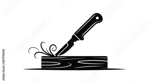 A simple black and white vector illustration of a knife carving a piece of wood creating shavings Vector