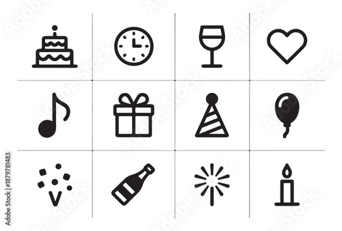 Birthday party line icons for celebration events featuring cake and balloons plus fireworks and champagne bottles