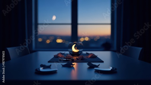 Enchanting Moonlit Dinner Table Setting with Cityscape Views at Twilight, Evoking a Serene and Romantic Indoor Ambiance
