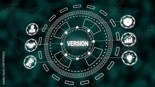 Technology Concept Graphic with Central Word VERSION and Connected Icons on World Map Background