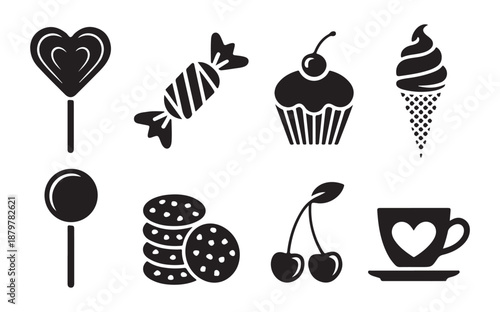 Assorted sweets and desserts icons including lollipops candy cupcake ice cream cookies