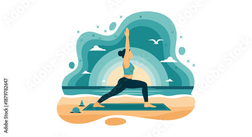 Woman Practicing Yoga on Beach Mat.