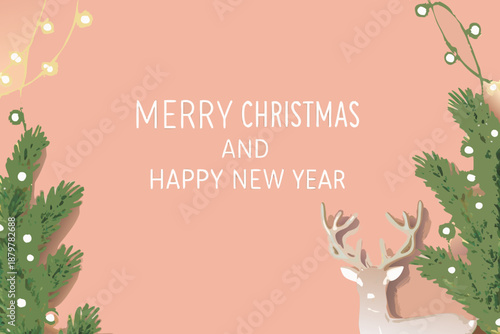 Festive christmas and new year greeting with reindeer and pine branches