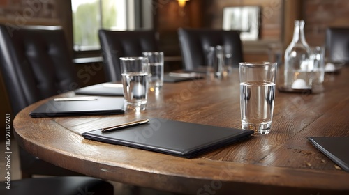 A professional meeting room setting with water glasses and notepads on a dark wooden conference table
