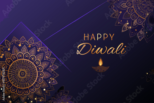 Golden diwali decorations with intricate patterns and a celebratory message