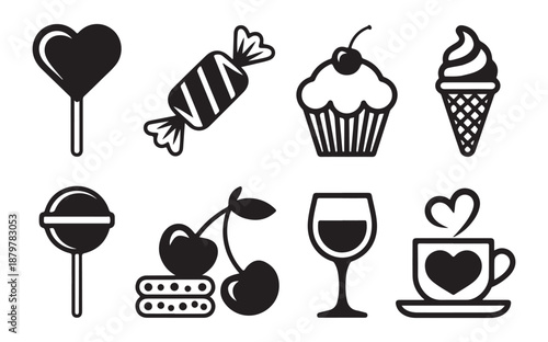 Romantic dessert icons featuring heart shaped lollipop wrapped candy cupcake soft serve ice cream and wine glass