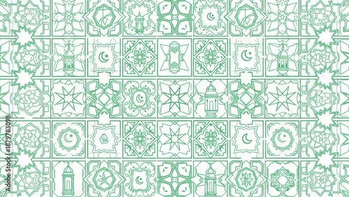 Intricate Islamic Geometric Patterns with Crescent Moons and Lanterns in Soft Mint Green