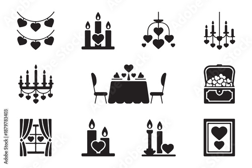 Valentine day silhouette icons set with heart garland candles chandelier romantic dinner chest of hearts window