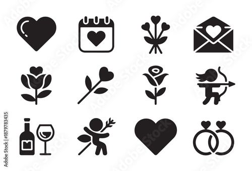 Heart calendar bouquet envelope rose cupid arrow bottle wine rings couple and heart shape for love