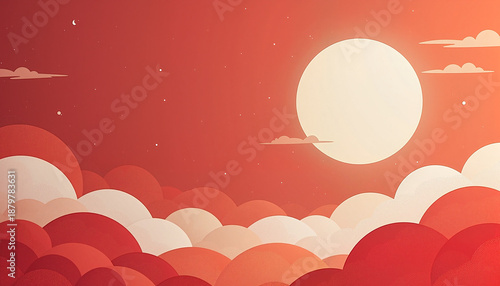 abstract clouds in shades of red and white with a glowing sun in a vibrant sky representing calm and tranquility for backgrounds and digital art
