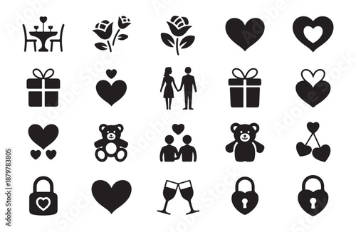 Set of romantic holiday symbols containing roses and couple silhouettes for wedding decoration and card designing