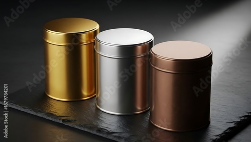 Set of three metallic tea tin mockups displayed on a dark surface with dramatic lighting