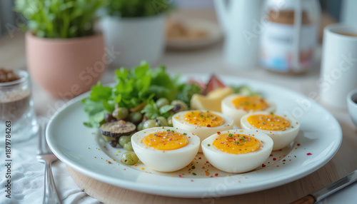 Healthy breakfast plate with boiled eggs and vegetables, clean kitchen style, pastel tones