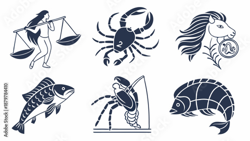 Astrology Zodiac Symbols Vector Icons Collection Graphic Illustration of Celestial Horoscope Signs for Spiritual Design